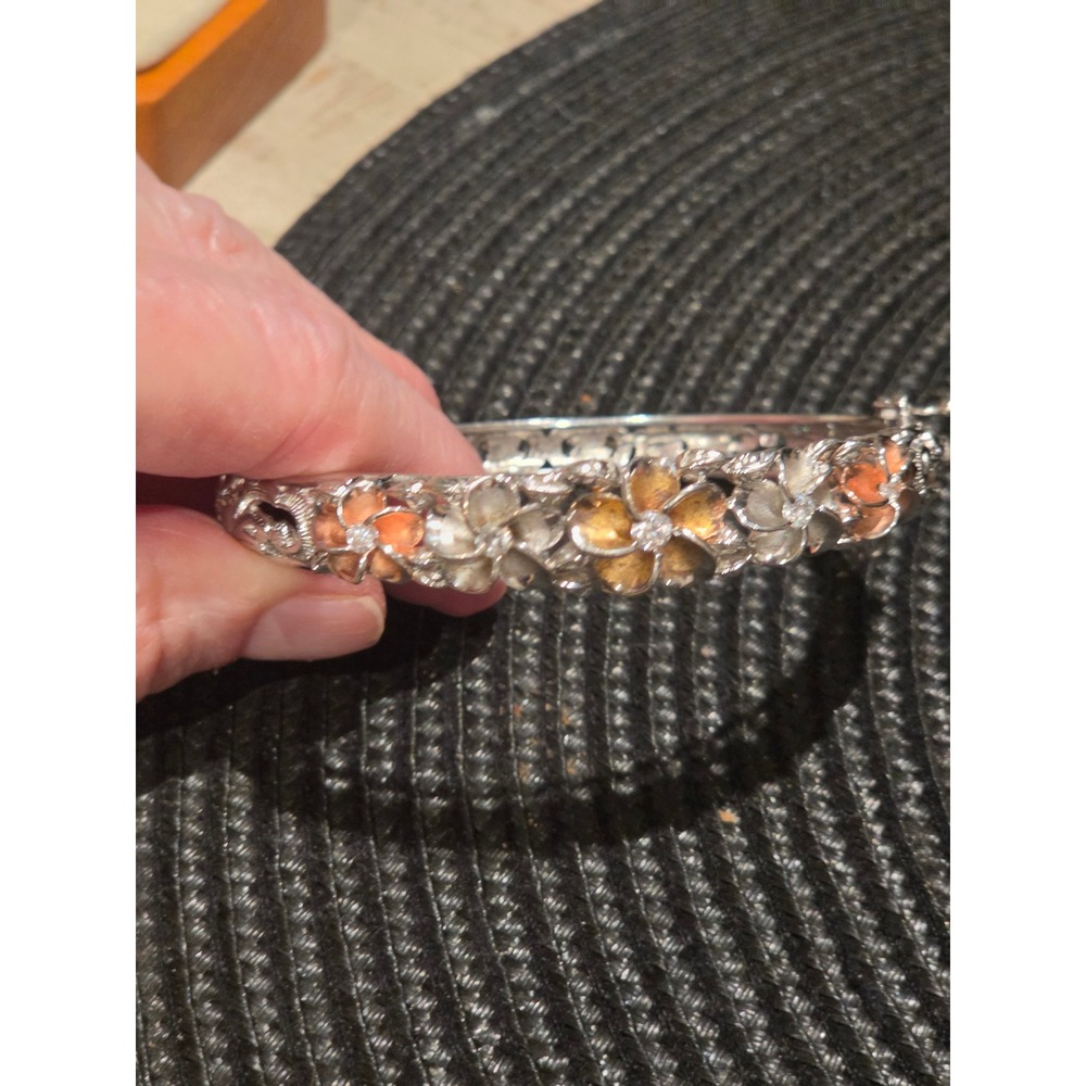 Hawaiian Plumeria Flower Tri-Color Bangle Bracelet Silver Rose Gold Tone Floral - Picture 8 of 9